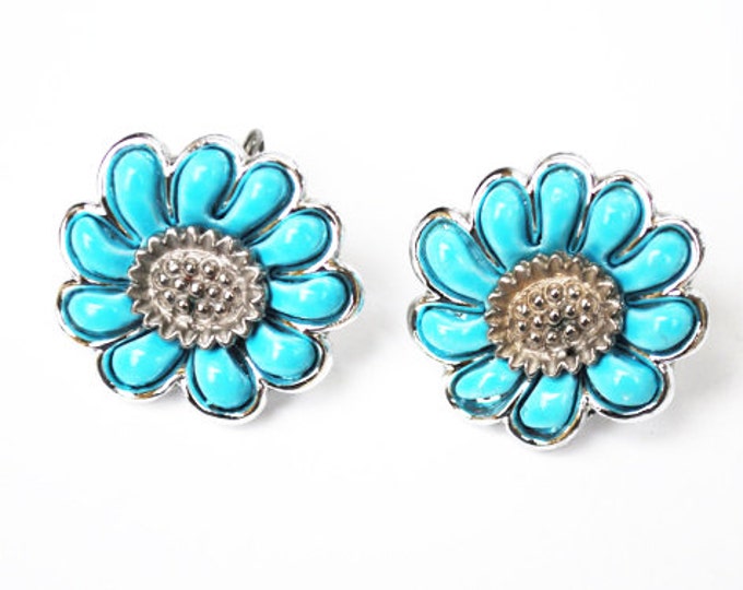 Blue flower Earrings - Signed Coro - Thermaset -Silver metal - Clip on earring