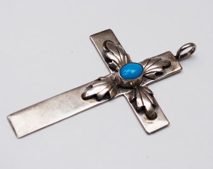 Sterling Turquoise Cross Pendant - Native American - Navajo - Silver Southwestern - Signed BJ