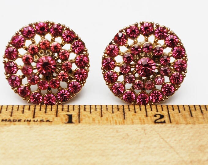 Coro Rhinestone Earrings - Pink Round - mid century - screw back Earring - Gold plated metal