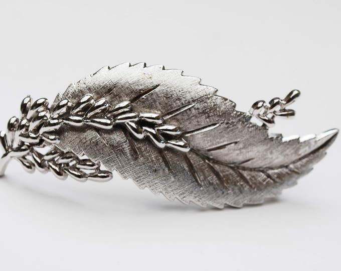 Crown Trifari Silver Leaf Brooch - Mid century - Large Swirl Floral Pin