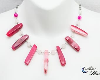 Pink agate necklace, stone necklace, gemstone, pink agate, clear quartz, Agate, pink, Stainless steel