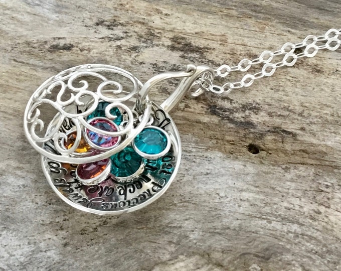 Personalized Mother Necklace, Mom Necklace, Grandma Family Necklace with Kids Names and Swarovski Crystal Elements heart