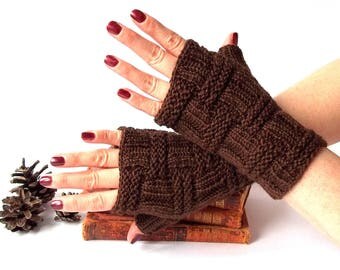 Knit Fingerless Gloves. Knitted Gloves. Chocolate Short Gloves. Knitted Wrist Warmers. Knit Arm Warmers.