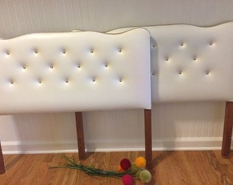 TUFTED TWIN HEADBOARDS/Hollywood Regency/Glamour/White Vinyl Tufted Headboards/1960's Headboards at Ageless Alchemy
