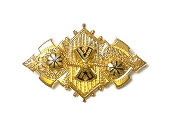 Vintage Brooch - Gold Filled and Black Enamel Pin - Taille D’Epergne Enameled # 1310