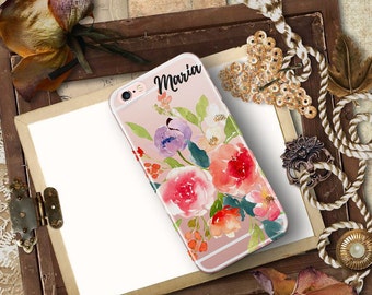 Gift for sister, Iphone 7 clear case with design, Unique Iphone 7 plus case clear back, Pink coral purple bouquet, Summer party gift (1737)