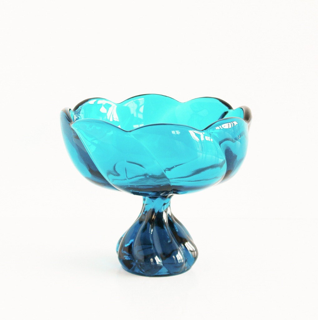 Viking Blue Glass Swirl Candy Dish Bowl / Organic Scalloped