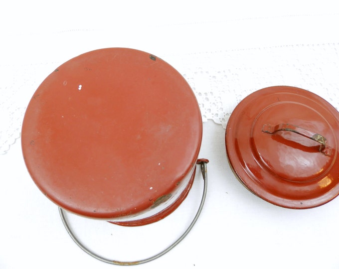 Antique French Chocolate Brown Enamelware Metal Lunch Pail, French Country Decor, Retro Home, Tin Box, Picnic Box, Vintage Camping, Prop