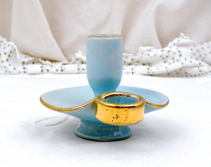 Vintage Mid Century Pale Blue and Gold Glazed Ceramic Porcelain Candle Holder / Candle Stick Retro Mid Century Modern Home Interior Lighting