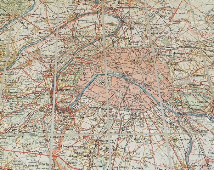 Antique Fabric Backed Paper Taride Map of Paris and the Surrounding Area from 1914 for Cyclists and Cars, Old Parisian Map from France