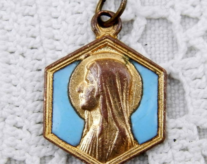 Vintage French Gold Plated Metal Alloy Pale Blue Enamel Religious Medal of the Virgin Mary from Lourdes, Christian Catholic Our Lady