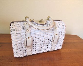 1960s Vintage white mid century coated white wicker purse