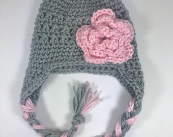 Newborn baby hat, newborn earflap hat, baby girl hat, crochet baby hat, crochet hat with flower, 0-3 month baby hat