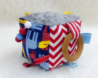 Activity Cube - Sensory Development Toy - Plush Baby Toy - Silicone Bead Teething Toy - Wooden Teether Toy - Tag Toy - Fabric Block - Canada