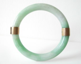 Chinese Jade Apple Green Bangle Bracelet With 14K Gold Bands