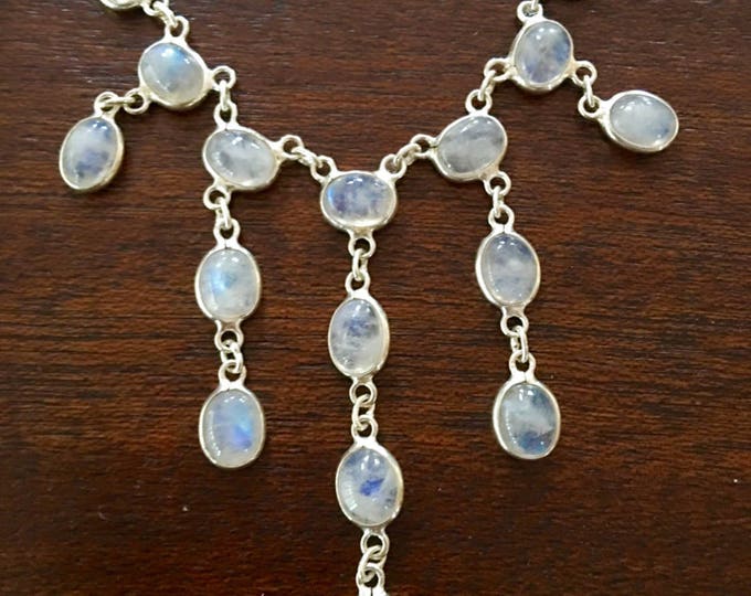 Sterling Moonstone Necklace, Vintage Festoon Bib Necklace, 16" Chain