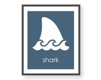 Shark Art Navy Blue, Surf Poster, Kids Shark Decor, Surfing Art, Boys Playroom Art, Modern Nursery Print, Child Room Decor, Shark Room Decor