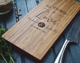 Personalized Cheese Board Engraved Bamboo Wood, "Love is all you need" Wedding, Anniversary Gift