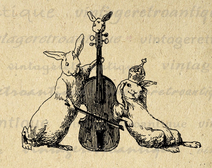 Printable Digital Rabbits with Violin Graphic Download Image Illustration Vintage Clip Art Jpg Png Eps HQ 300dpi No.2961