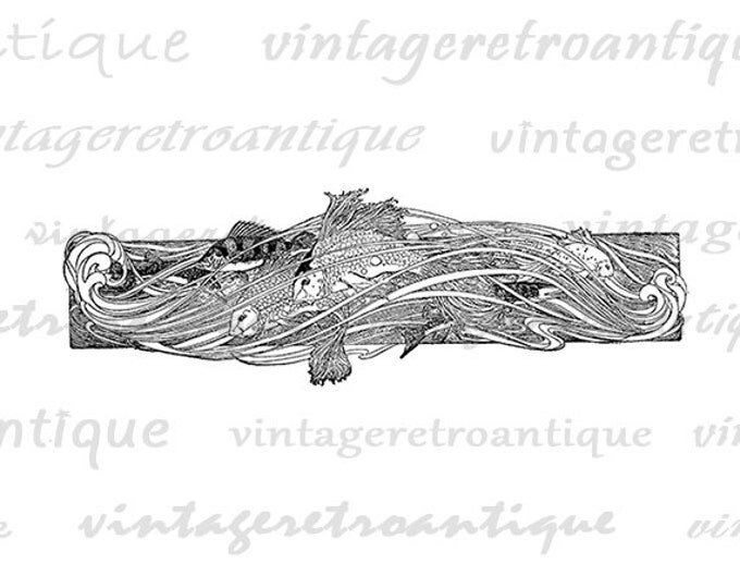 Antique Fish and Waves Banner Graphic Digital Image Printable Download Vintage Clip Art Jpg Png Eps HQ 300dpi No.683