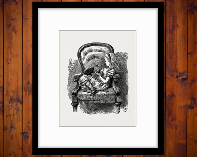 Digital Printable Alice and Kitten in Chair Graphic Alice in Wonderland Download Cat Image Jpg Png Eps HQ 300dpi No.214