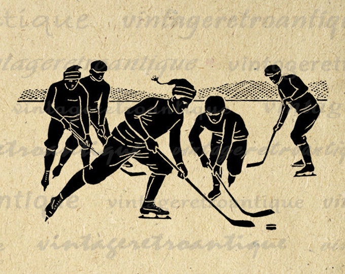 Printable Digital Hockey Players Image Silhouette Download Sports Graphic Vintage Clip Art Jpg Png Eps HQ 300dpi No.4145