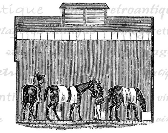 Printable Image Horse Stables Graphic Digital Illustration Download Antique Clip Art Jpg Png Eps HQ 300dpi No.2289