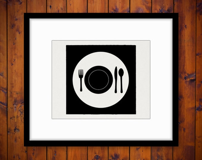 Digital Plate Setting with Fork Knife and Spoon Image Graphic Illustration Download Printable Vintage Clip Art HQ 300dpi No.3370