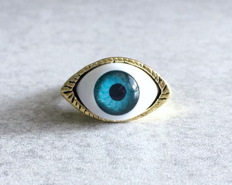 Evil Eye Ring - Glass Eyeball Cabochon, Antique Bronze Ring Base, Size 7.5, Eyeballs, Brass, Blue, White, Greek, Talisman, Protection, Reiki