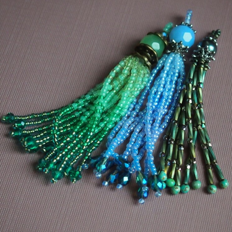 Blue Ombre Handmade Seed Bead Tassels For Jewelry Making Or