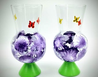 Hand painted drinking glass, hurricane glass, snifter, purple flower glass, unique glasses, fun drinking glass, butterfly glass, unique gift