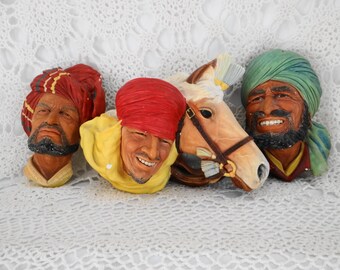 Vintage 1960's- Set of 3 -Chalkware Congleton Bossons England Wall Masks -1962 Lord of Desert with Horse-1964 Punjabi- 1960 Abdhul