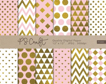 Pink and Gold Digital Papers, Pink and Gold Background, Golden Patterns, Triangle Chevron Polka Dots Stripes Gold Paper