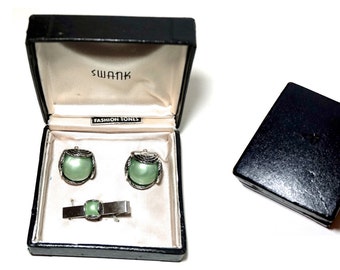 SWANK Cufflinks & Tie Clip Set,Green and SilverTone Vintage Tie Bar,Vintage Cufflinks,50s 60s Mens Jewelry,Vintage Swank Jewelry,Formal Wear