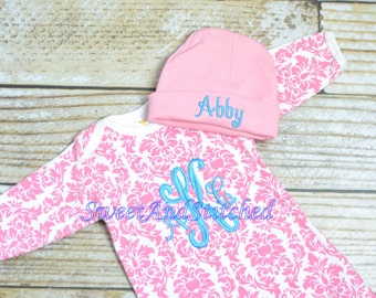 Personalized pink damask monogrammed newborn gown, baby girl take home outfit in pink and turquoise, newborn hat, monogram baby girl outfit