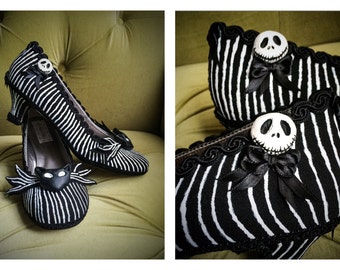 Nightmare Before Christmas Inspired Shoes Jack Skellington Inspired Costume Heels Black and White Pinstripe Black Cat Goth Gothic Hallween