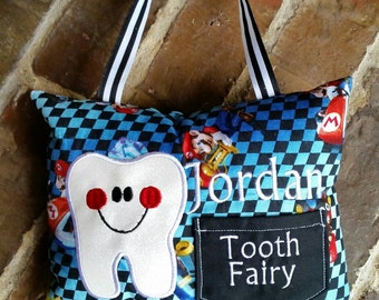 Boys Appliquéd Tooth Fairy Pillow with Embroidered Name and Ribbon Hanger (Can be made in other fabrics)