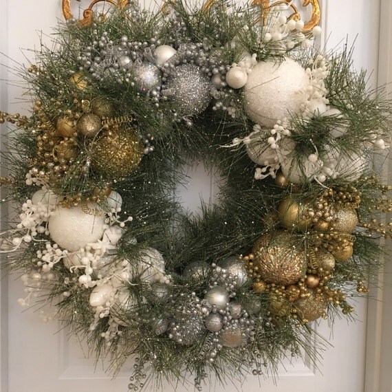 white silver gold heirloom christmas wreath glass ornament white silver gold heirloom christmas wreath glass ornament