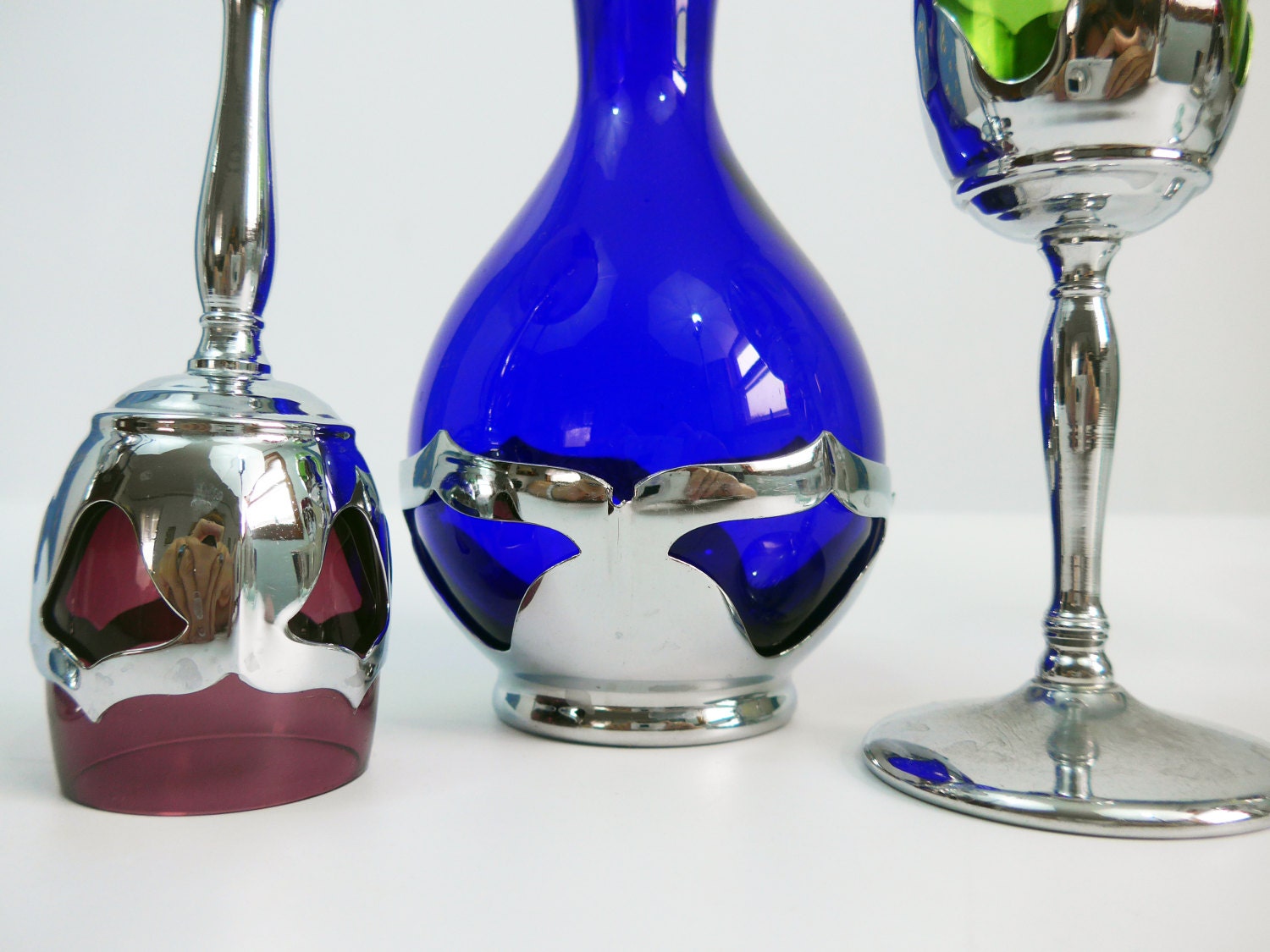 Vintage Decanter Farber Brothers Cobalt Blue Cordial Set Glass W Chrome 5 Multi Colored Glasses