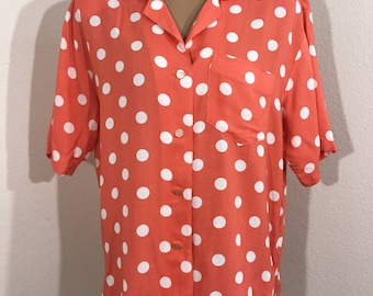 Vintage 80s Renee Adams Limited Polkadot Button Down Blouse Medium with shoulder pads.