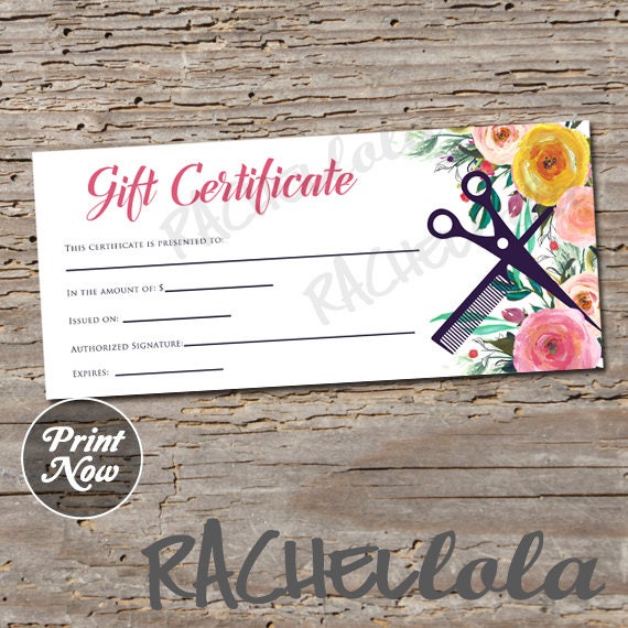Hair Salon Watercolor Floral Printable Gift Certificate Template Spring Hair Stylist Gift