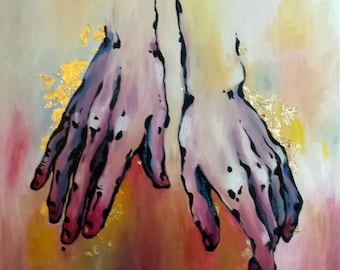 Original oil painting of hands with gold accents on canvas