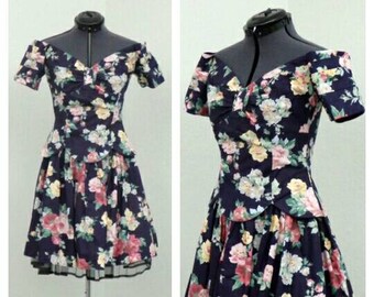 Vintage 80s Jessica McClintock Navy Floral Dress, Cotton Dress, Off Shoulder Dress, Full Skirt Dress, Knee Length Dress, Tea Party Dress