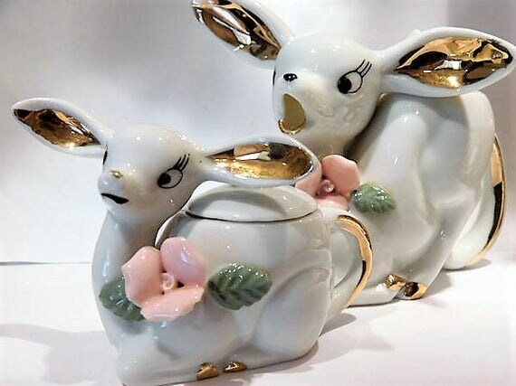 1950s Mid Century Deer Sugar Creamer Set Condiment Cottage Home Decor Country Farmhouse Artmark Originals Japan Vintage Kitchen Table Decor