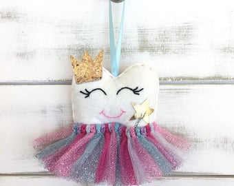 NEW! Personalized Tutu Tooth Fairy Pillow with Glitter Crown or Bow, and new addition Magic Wand. Choose your colour tutu.