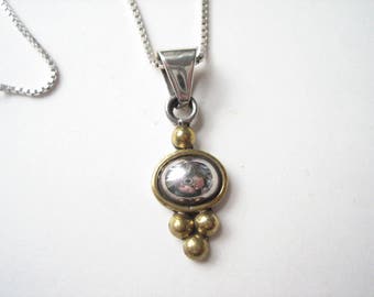 Vintage sterling silver pendant necklace, Mexican sterling pendant, silver and brass, made in Mexico, Mexican silver necklace