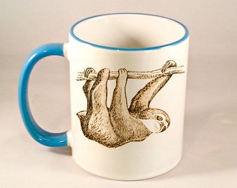 Sloth Coffee Mug, Vintage Illustration Sloth Mug, Rain forest Animal, Sublimated 11 oz, Colored Handle & Rim, 4 Colors