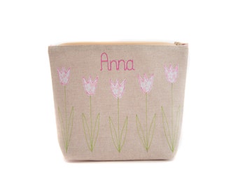 Personalised Cosmetic Bag // Tulip Design // Choose your colour and fabric // Gift for Her // Birthday Gift