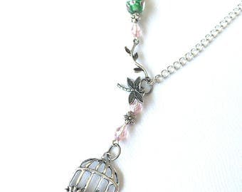 Pink/ green beaded necklace, birdcage pendant necklace