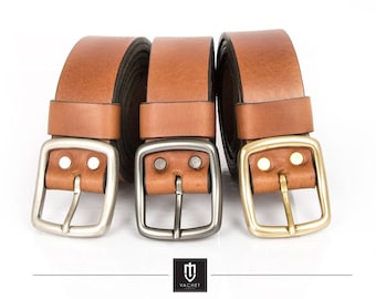High quality handmade brown leather belt, 35mm wide full grain cow leather belt with solid brass buckles available in 3 colours